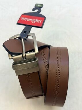 Wrangler Men’s Reversible Brown Leather Belt with Antiqued Brass Buckle size 42